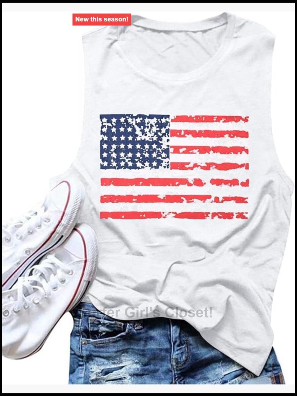 American Flag Print Sleeveless Tank Top Cotton Blend Patriotic 4th of July